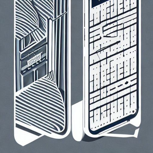 A diffusion-generated image of two stylised smartphones rendered in the geometric vocabulary of Bauhaus design: diagonal black-and-white striping, clean rectangles, hints of typographic detail. Subdued grey background.