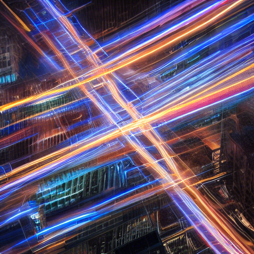 A small diffusion-generated image: WiFi signals as light-painted streaks above a city at night, in vivid blue, purple and orange. The composition echoes the long-exposure Light Painting WiFi photographs from 2011 but is hallucinated rather than measured.