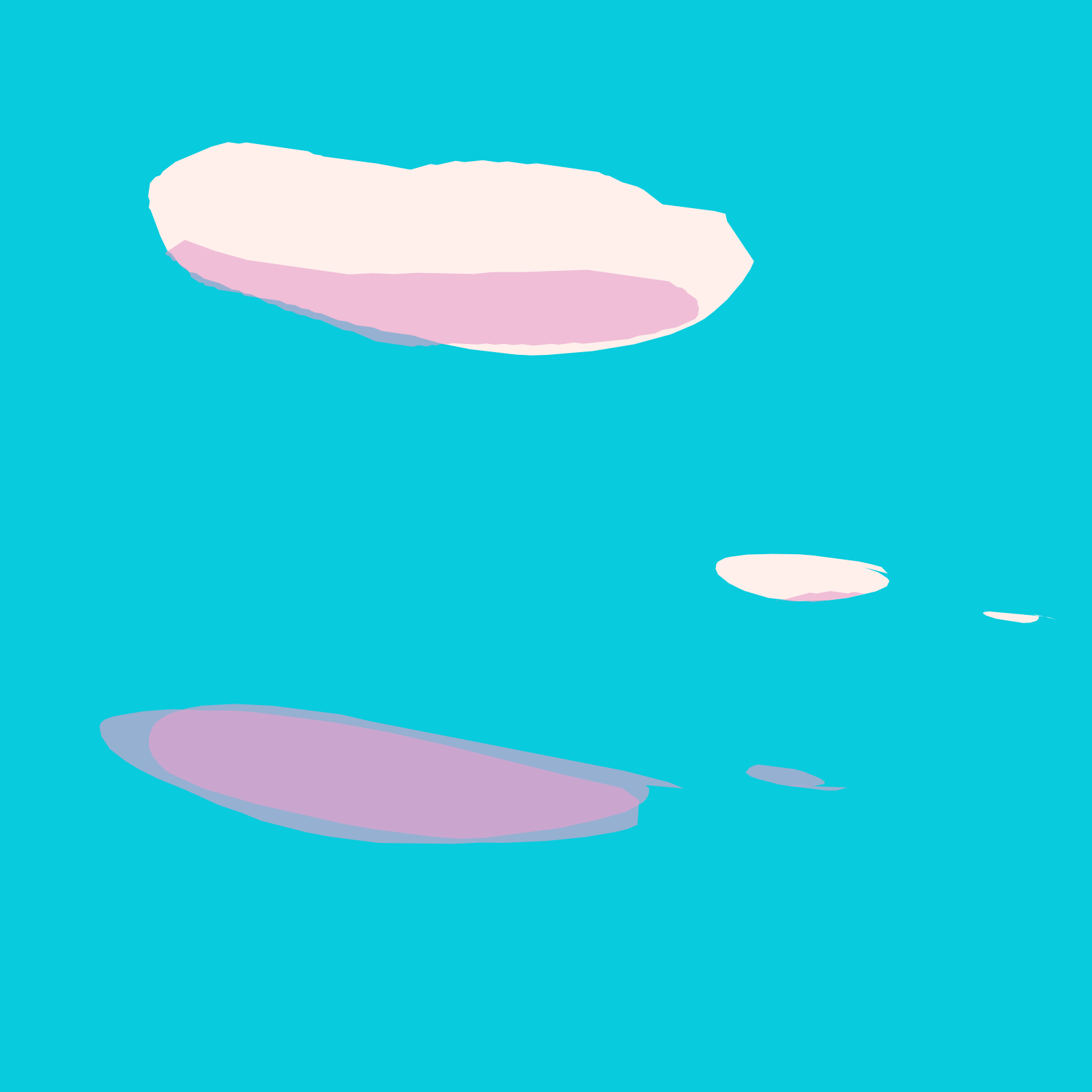 A pastel still from the Weaves series titled Kumo: three soft white-and-pink cloud shapes drift across a flat turquoise sky. The shapes are organic and slightly torn at the edges, more painted than geometric.