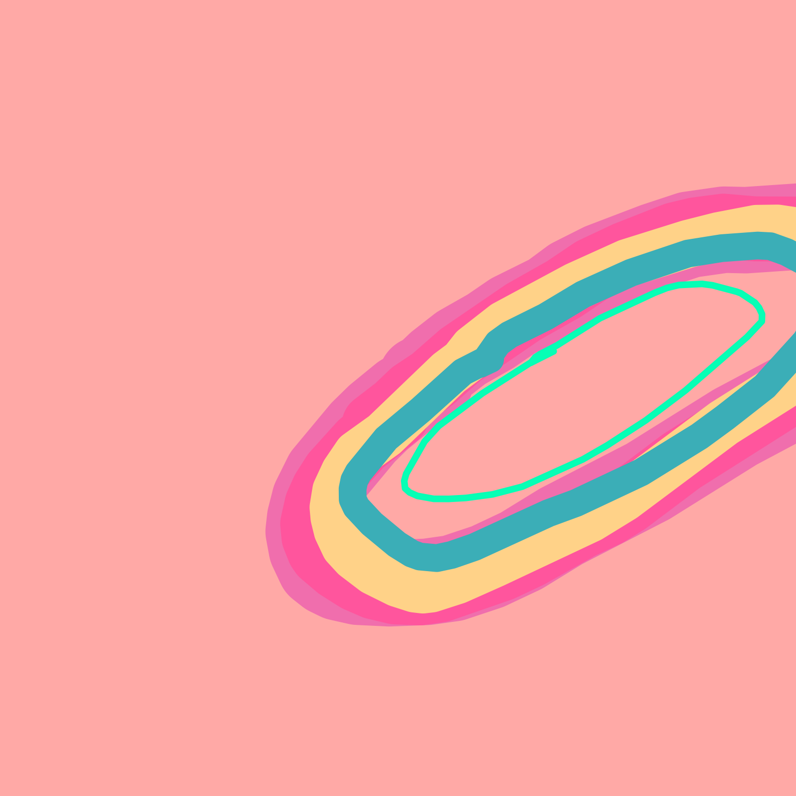 A generative SVG image titled Love Portal: concentric coloured ovals — pink, peach, teal and mint green — drawn at an angle on a soft pink background. The shapes are slightly hand-wobbly rather than mathematically perfect.