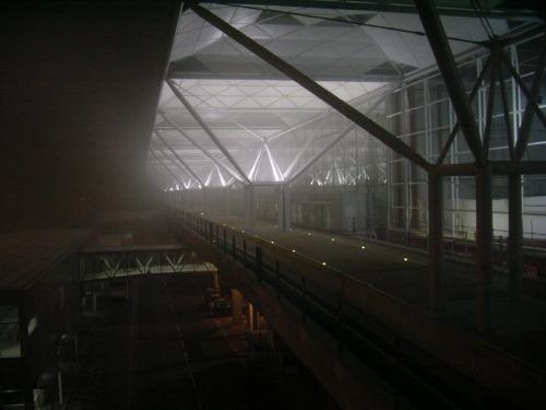 The interior of Stansted Airport at dawn: Norman Foster's white tetrahedral roof structure receding into mist, an empty rail platform below, low yellow lights along the floor.
