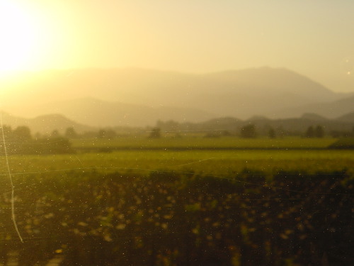 The Andean foothills photographed through a bus window in late golden light. The sun flares in the upper-left corner; mist softens the mountains; the road runs as an unseen line beneath the image.