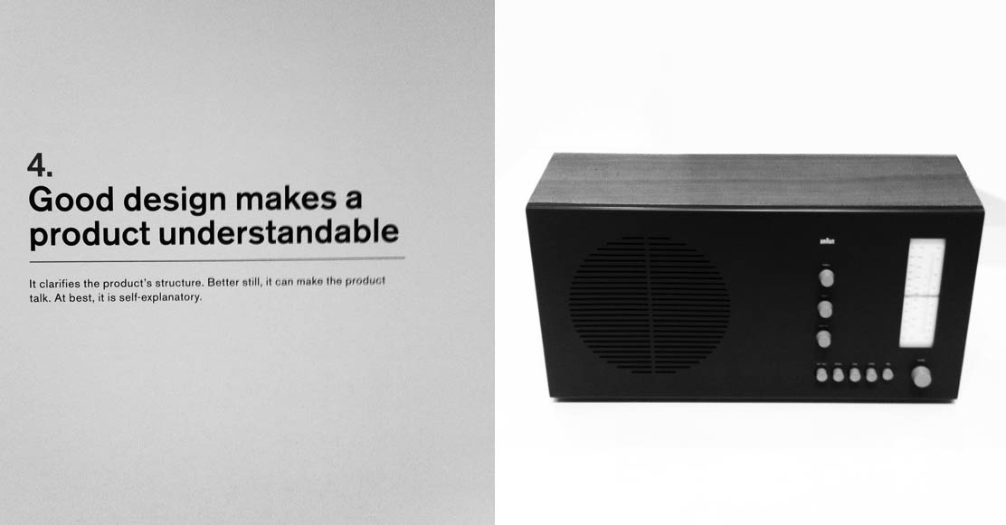 Dieter Rams's ten principles of good design, shown as a poster: good design is innovative, makes a product useful, is aesthetic, makes a product understandable, is unobtrusive, is honest, is long-lasting, is thorough to the last detail, is environmentally friendly, is as little design as possible