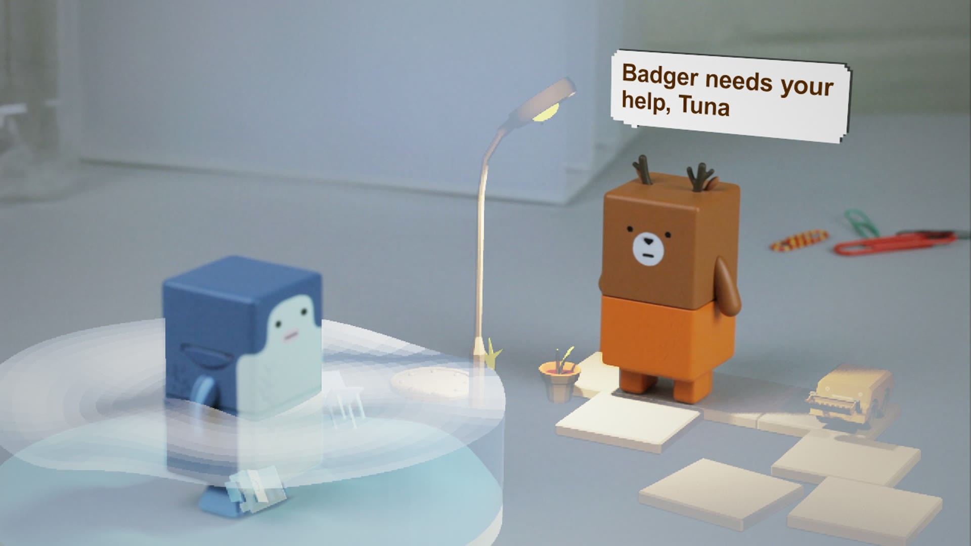 Two Suwappu toys side by side on a desk: a blue Tuna with a fish-shaped face standing in a circular augmented pool of pale water, and a brown Deer with antlers standing on a series of augmented paving stones beneath a virtual streetlamp. A small speech bubble above Deer reads 'Badger needs your help, Tuna'.